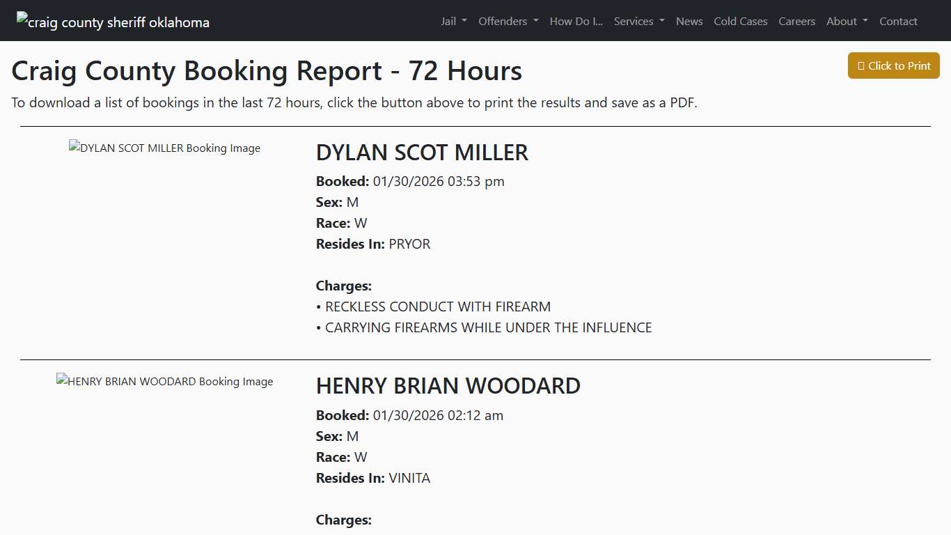 72 Hour Booking Report Craig County Sheriff's Office
