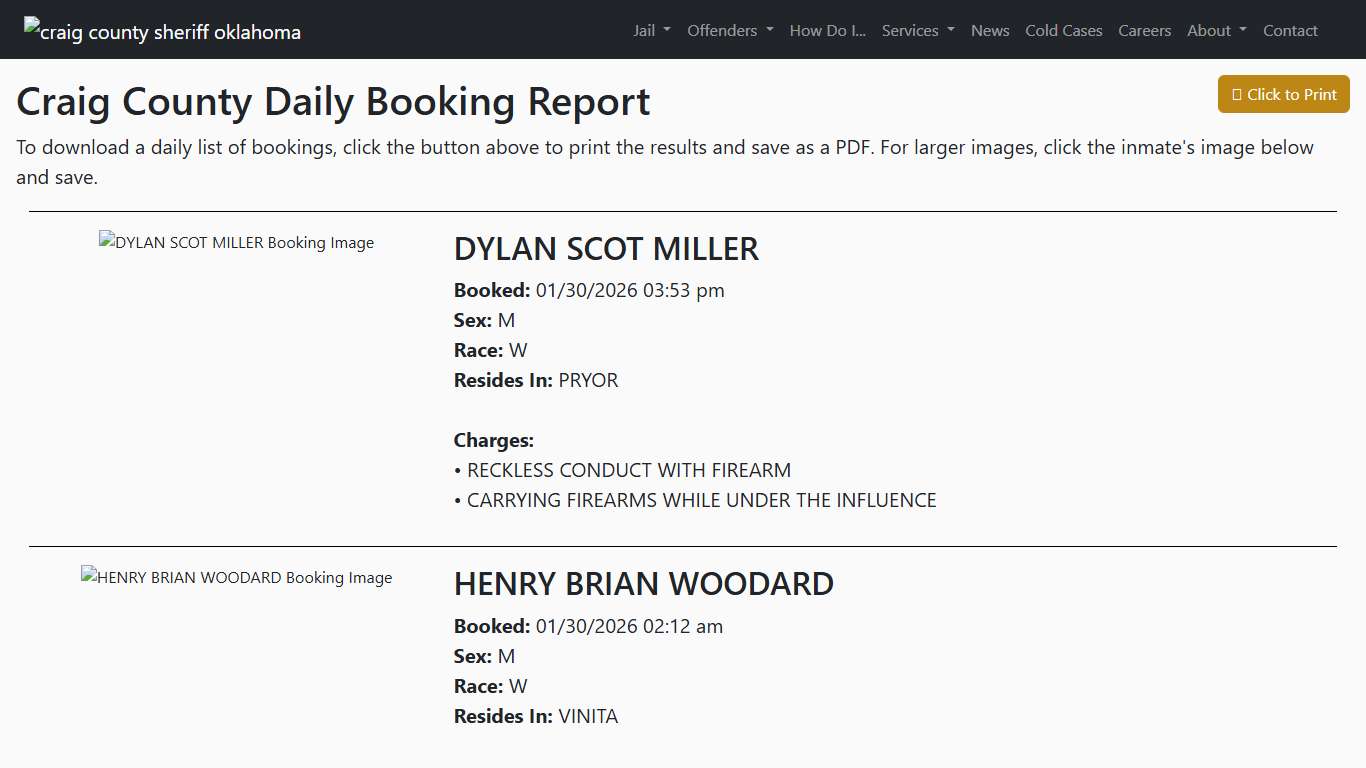 Daily Booking Report Craig County Sheriff's Office
